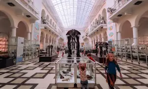 Wielka sala z szkieletami dinozaurów, idealne muzeum dla dzieci w Warszawie. Dzieci z zaciekawieniem oglądają eksponaty.