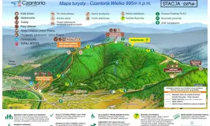 Mapa turystyczna Czantorii z zaznaczonymi szlakami z Ustronia. Widok na kolejkę linową, szczyt i ścieżki.