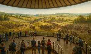 Widok na bitwę z perspektywy widowni. Sprawdź panorama racławicka cennik, by poznać ceny biletów.