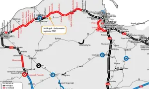 Mapa dróg S6 i S11. S6 Słupsk-Bobrowniki to najkrótsza trasa nad morze, zaznaczona na czerwono (w realizacji).