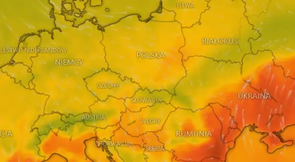 Mapa Europy z zaznaczonymi krajami. Ciepła pogoda we wrześniu, z temperaturami od zielonych do pomarańczowych.
