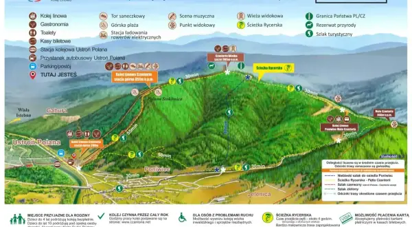 Mapa turystyczna Czantorii z zaznaczonymi szlakami z Ustronia. Widok na kolejkę linową, szczyt i ścieżki.