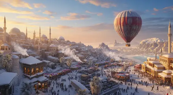 Zimowa sceneria w Turcji w styczniu: zasypane śniegiem miasto z kopułami i minaretami, tętniący życiem bazar pod gołym niebem i balon unoszący się nad krajobrazem.