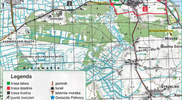 Mapa turystyczna z zaznaczonymi trasami pieszymi i rowerowymi. Widoczna Jastrzębia Góra, Karwia, Rozewie. Trasa średnia oznaczona kolorem czerwonym.