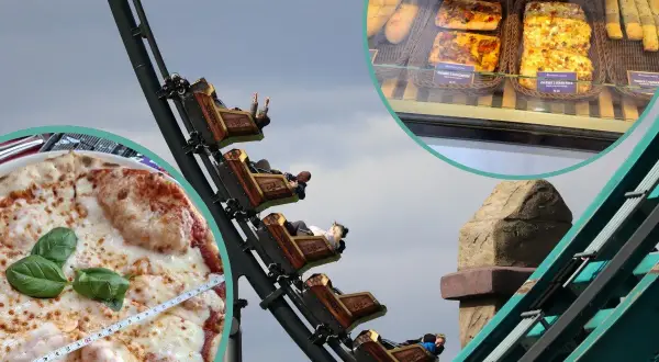 Energylandia: pyszne jedzenie i ceny. Pizza i wypieki w parku rozrywki, a obok kolejka górska.
