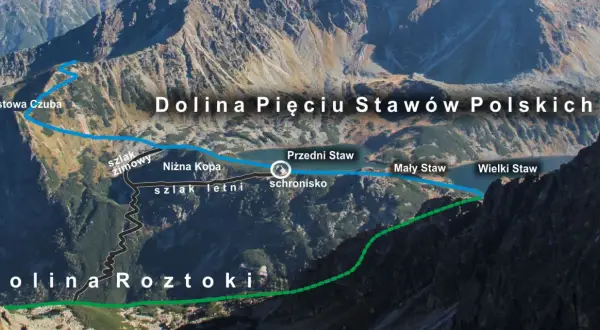 Widok na Dolinę Pięciu Stawów Polskich z zaznaczonymi szlakami. Widać jeziora: Przedni, Mały i Wielki Staw.