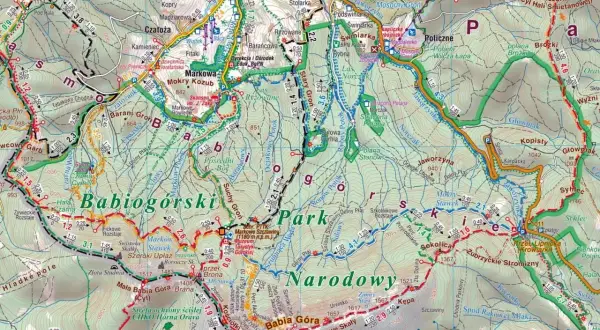 Mapa turystyczna **Beskid Żywiecki** z zaznaczonymi szlakami, punktami widokowymi i schroniskami w rejonie Babiej Góry.