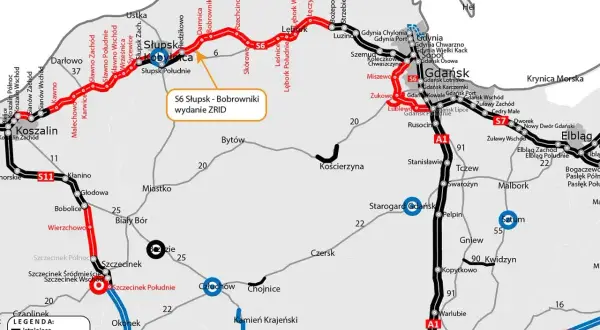 Mapa dróg S6 i S11. S6 Słupsk-Bobrowniki to najkrótsza trasa nad morze, zaznaczona na czerwono (w realizacji).