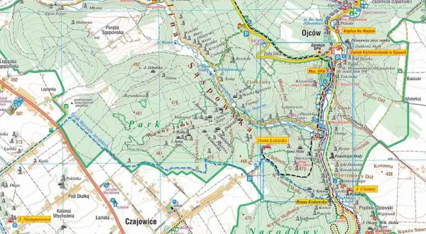 Ojcowski Park Narodowy ciekawostki: mapa szlaków, jaskiń (Grota Łokietka), punktów widokowych (Złota Góra) i zabytków (Zamek Kazimierzowski).