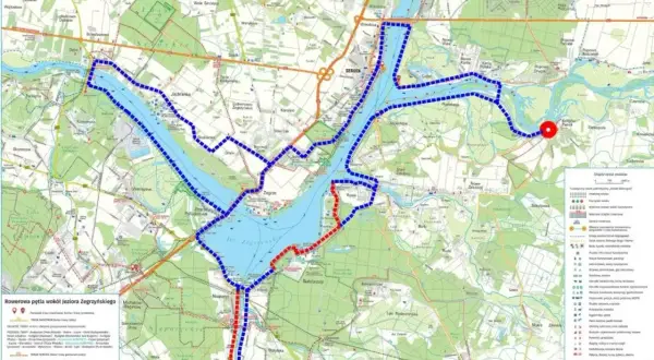 Mazowieckie trasy rowerowe wokół Jeziora Zegrzyńskiego. Mapa pokazuje szlaki rowerowe, punkty widokowe i miejsca odpoczynku.