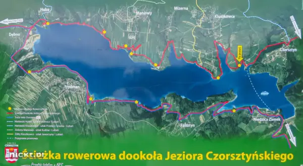 Mapa z zaznaczoną trasą rowerową dookoła Jeziora Czorsztyńskiego. Widoczne miejscowości: Frydman, Niedzica Zamek, Czorsztyn.