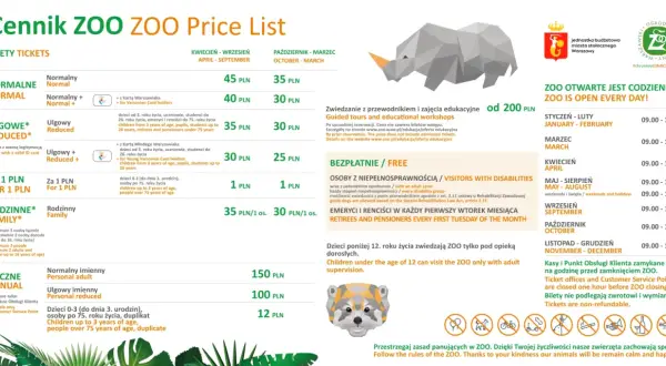 Cennik Zoo Warszawa: bilety normalne od 35 PLN, ulgowe od 25 PLN, rodzinne 35 PLN/os. Sprawdź ceny i godziny otwarcia.