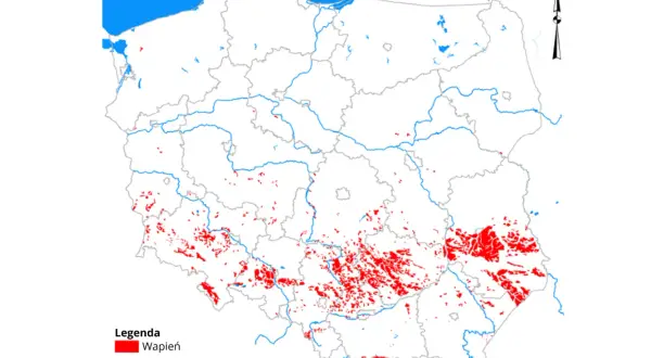 Mapa Polski z zaznaczonymi obszarami występowania wapienia, gdzie mogą znajdować się jeziora krasowe.