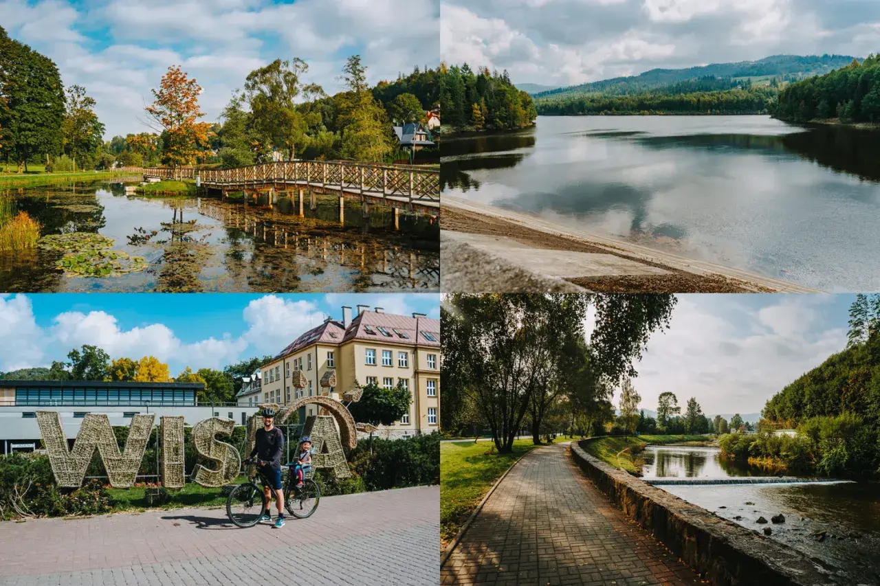Malownicze widoki nad Wisłą: mostek nad stawem, jezioro, napis WISŁA i ścieżka nad rzeką.