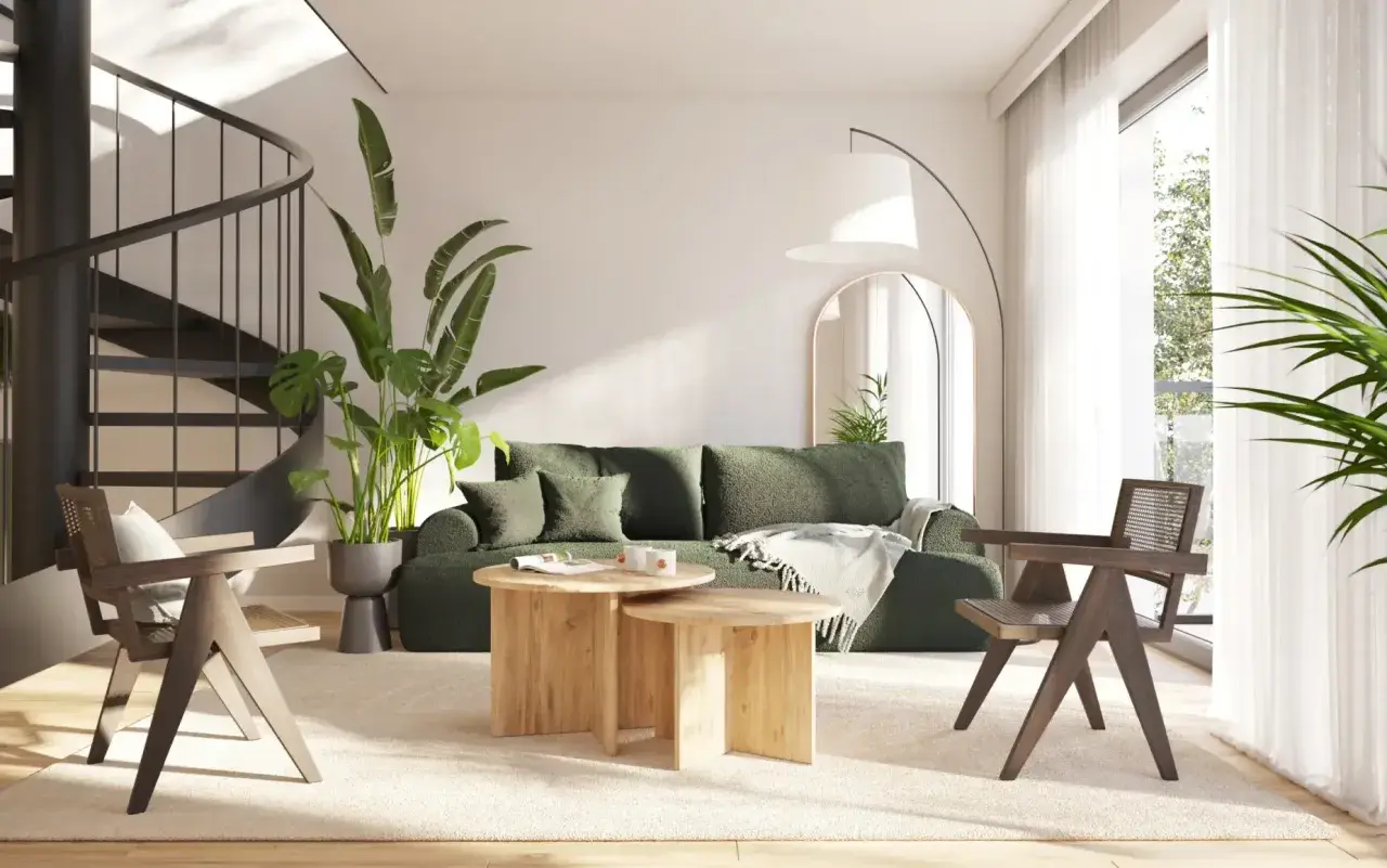 Nowoczesny salon z zieloną sofą i drewnianymi meblami. Idealne miejsce na wakacyjny **wynajem apartamentów nad morzem**.