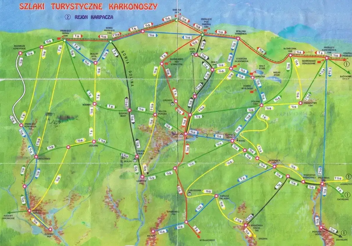 Mapa szlaków turystycznych Karkonoszy, region Karpacza. Znajdziesz tu szlaki prowadzące przez malownicze doliny i szczyty, np. Sowią Dolinę, Śnieżkę.