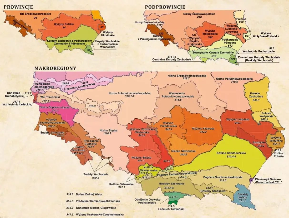 Mapa Polski z zaznaczonymi regionami, gdzie leżą Sudety (Sudety Zachodnie, Środkowe, Wschodnie) i ich przedgórza.
