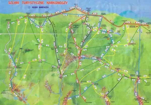 Mapa szlaków turystycznych Karkonoszy, region Karpacza. Znajdziesz tu szlaki prowadzące przez malownicze doliny i szczyty, np. Sowią Dolinę, Śnieżkę.