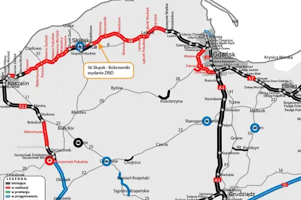 Mapa dróg S6 i S11. S6 Słupsk-Bobrowniki to najkrótsza trasa nad morze, zaznaczona na czerwono (w realizacji).