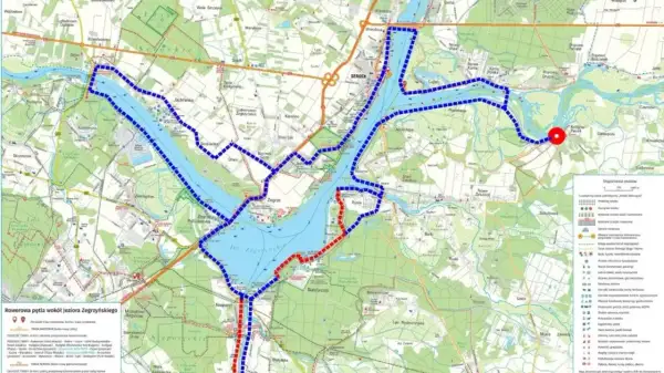 Mazowieckie trasy rowerowe wokół Jeziora Zegrzyńskiego. Mapa pokazuje szlaki rowerowe, punkty widokowe i miejsca odpoczynku.