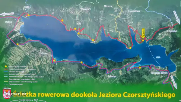 Mapa z zaznaczoną trasą rowerową dookoła Jeziora Czorsztyńskiego. Widoczne miejscowości: Frydman, Niedzica Zamek, Czorsztyn.